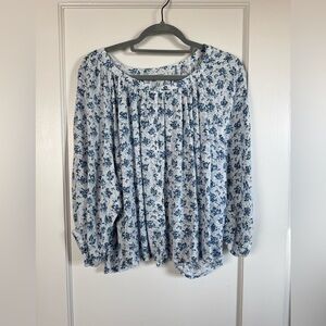 Blue and White Flowy Floral Blouse